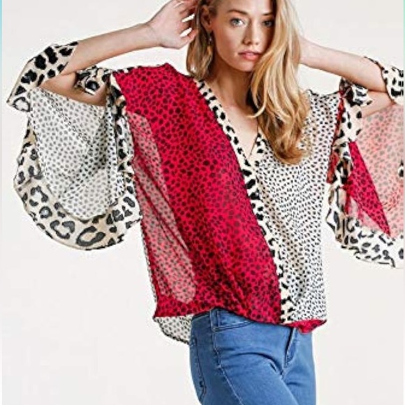 UMGEE ANIMAL PRINT RUFFLED SLEEVE SURPLICE TOP. LIGHTWEIGHT SHEER, HIGH LOW HEM - Picture 12 of 12